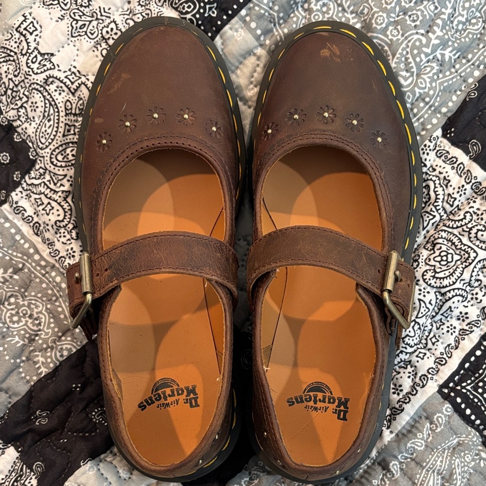 Dr. Martens Brown Leather Mary Jane Flats with Yellow Stitching